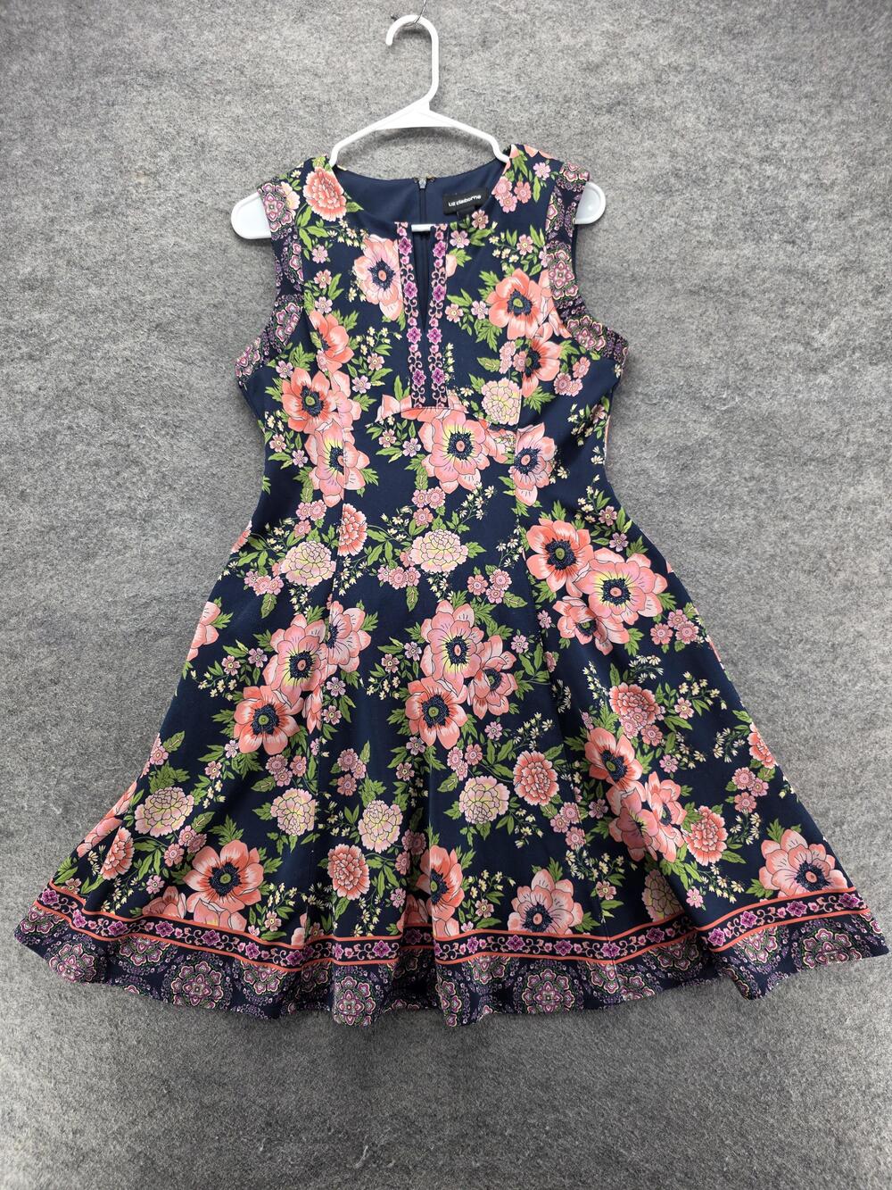 Liz Claiborne Dress Womens 8 Blue Fit & Flare Sleeveless Floral Lined Zip